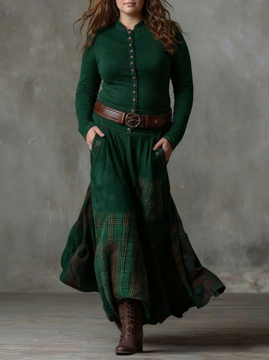Robe Longue Femme Vintage en Suédine à Carreaux avec Ceinture