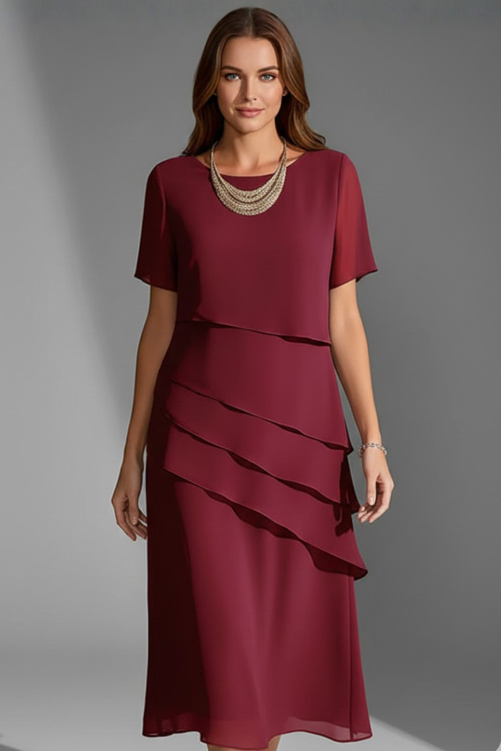 Robe Femme Manches Courtes Superposée Col Rond