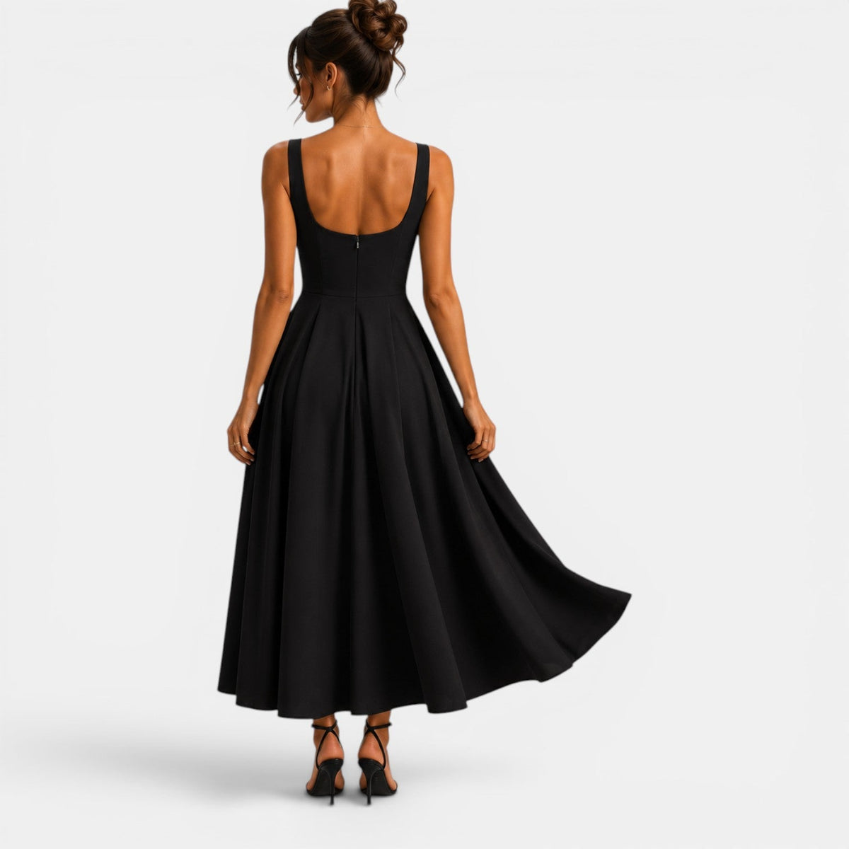 Robe Midi Femme à Bretelles, Décolleté Carré et Bas Évasé