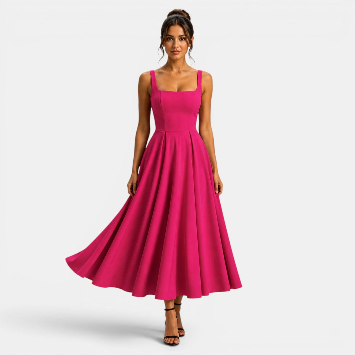 Robe Midi Femme à Bretelles, Décolleté Carré et Bas Évasé