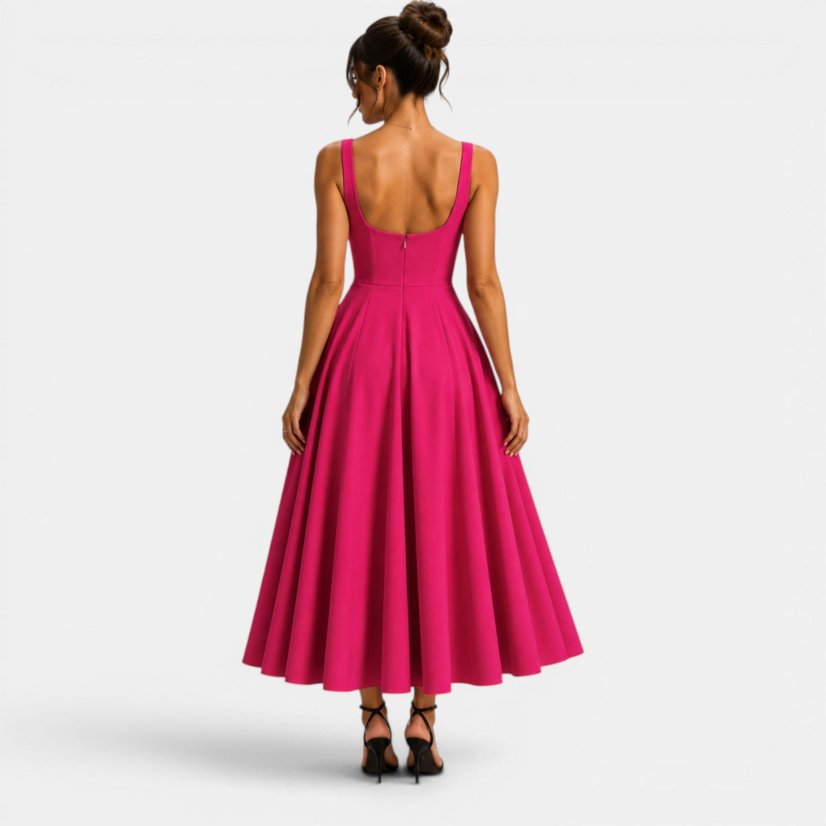Robe Midi Femme à Bretelles, Décolleté Carré et Bas Évasé