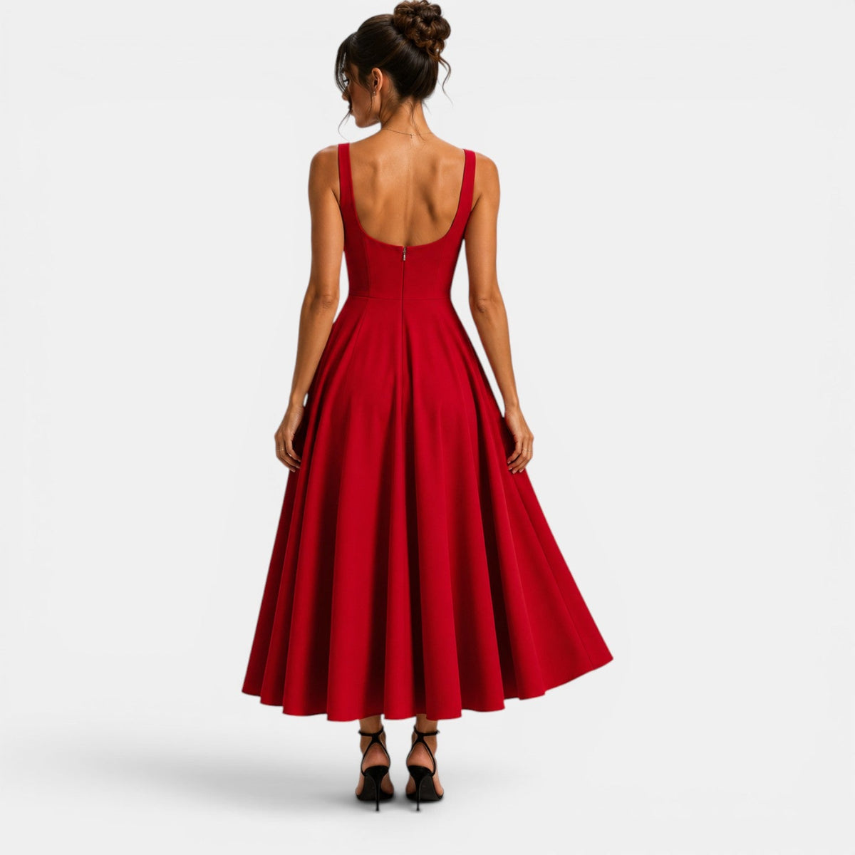 Robe Midi Femme à Bretelles, Décolleté Carré et Bas Évasé
