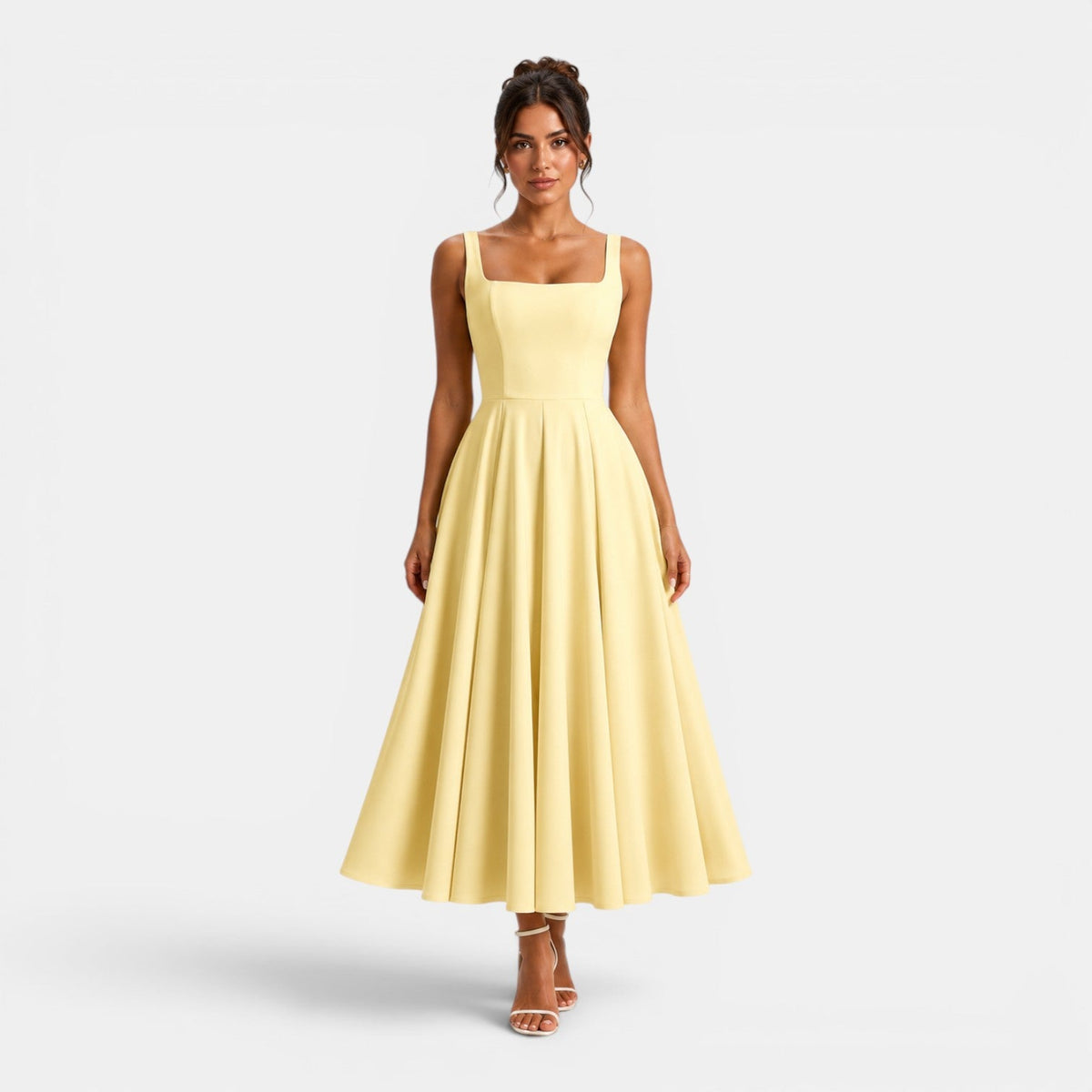 Robe Midi Femme à Bretelles, Décolleté Carré et Bas Évasé