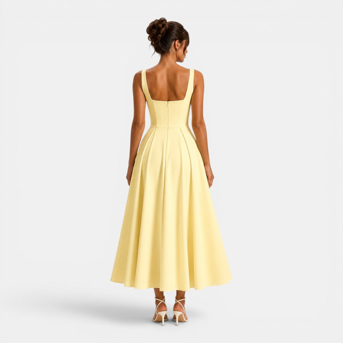 Robe Midi Femme à Bretelles, Décolleté Carré et Bas Évasé