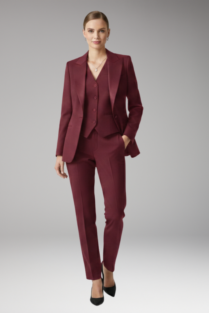 Tailleur Femme Trois Pièces Veste Col Cranté Gilet Pantalon Droit