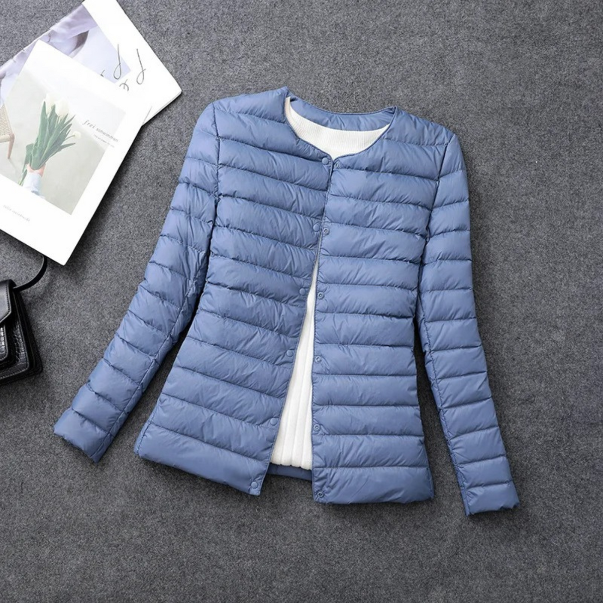 Doudoune Matelassée Femme sans Capuche, Fermeture Boutonnée