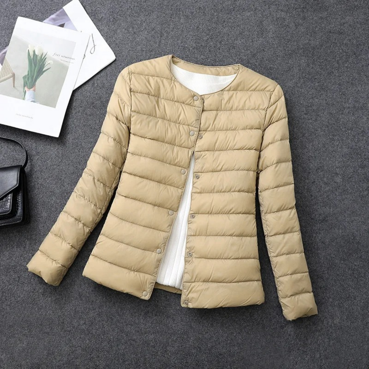 Doudoune Matelassée Femme sans Capuche, Fermeture Boutonnée