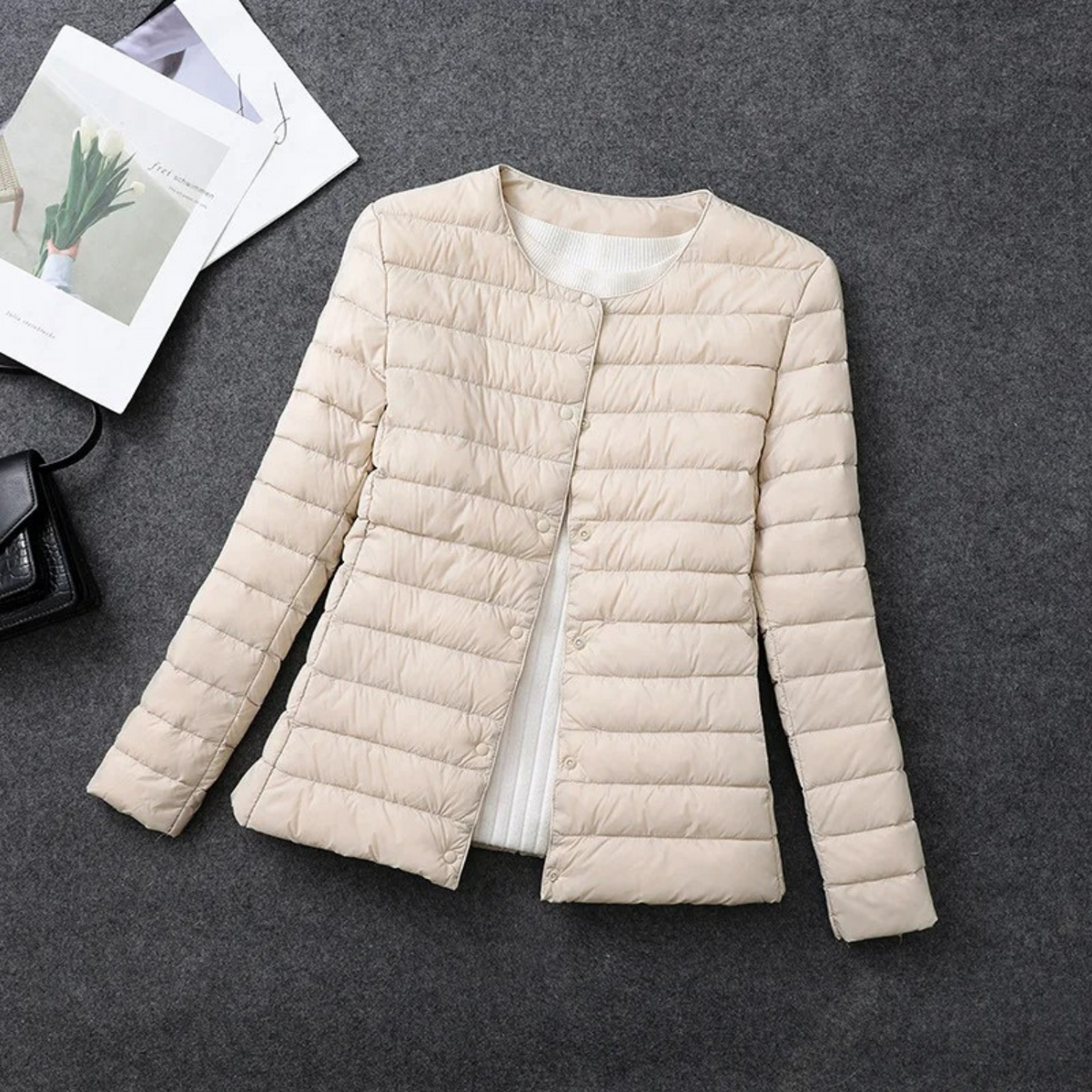 Doudoune Matelassée Femme sans Capuche, Fermeture Boutonnée