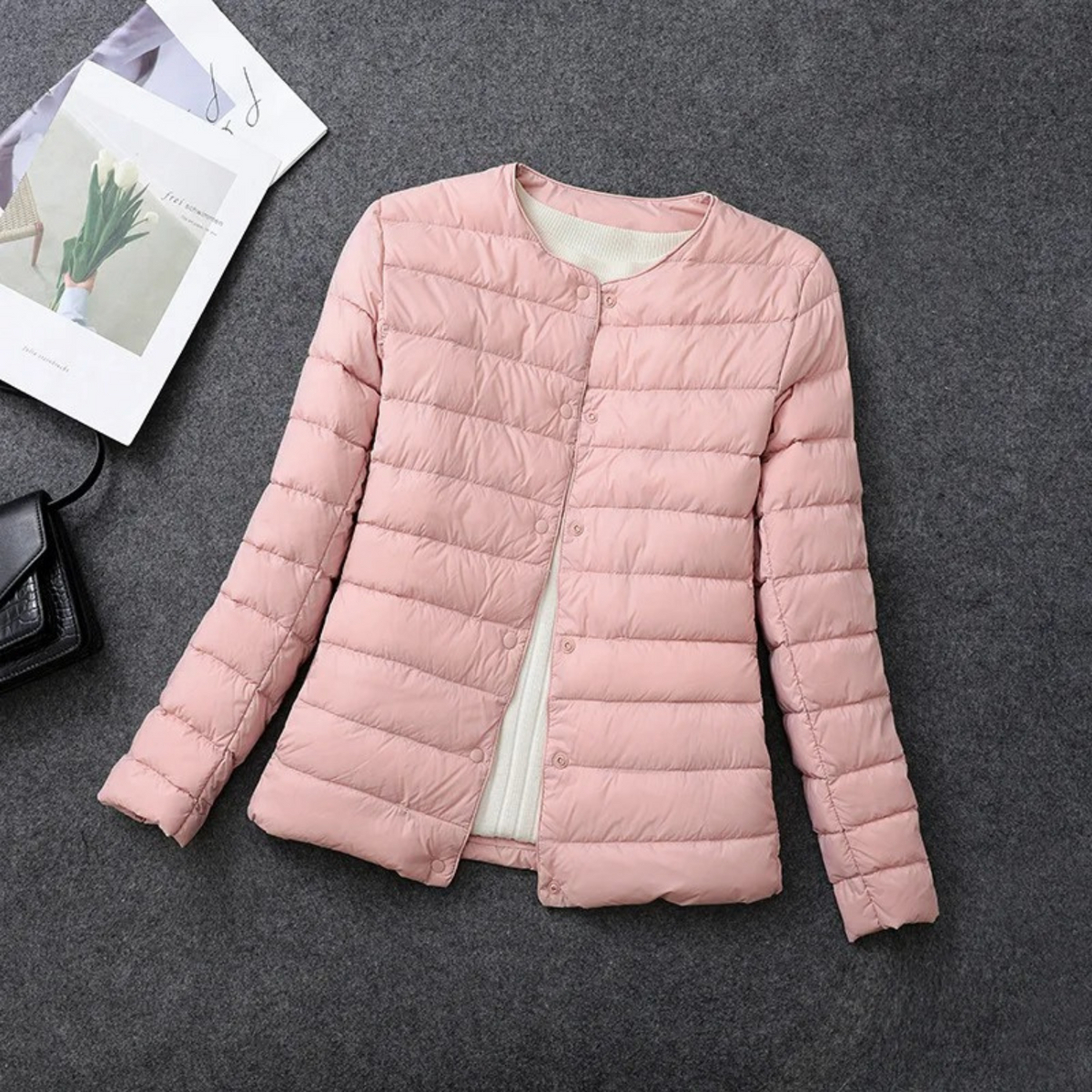 Doudoune Matelassée Femme sans Capuche, Fermeture Boutonnée
