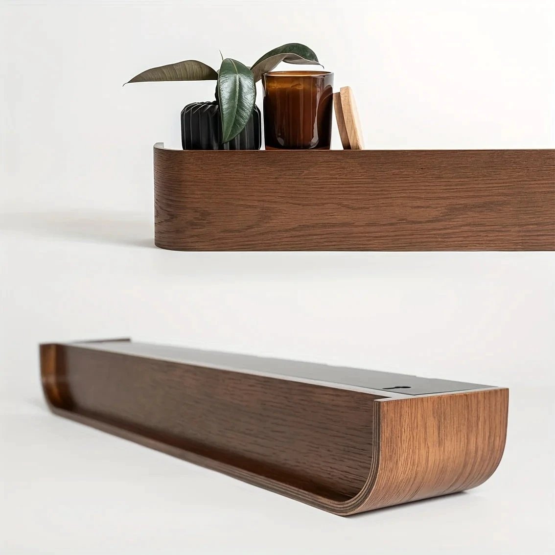 Wood & Iron Coat Rack in dark brown wood finish with hidden hooks and shelf for a modern entryway wall organiser