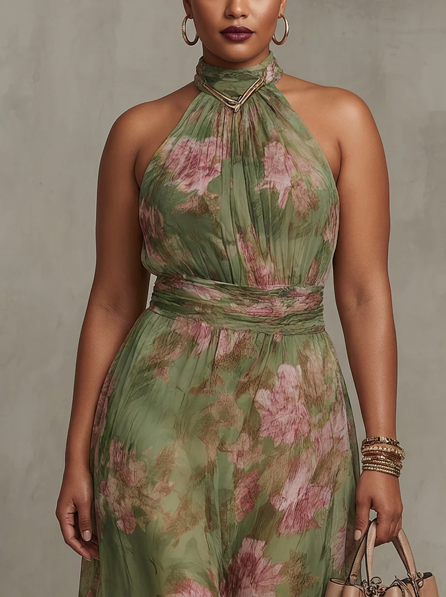 Robe Maxi Chiffon Fleurie Col Halter Vert