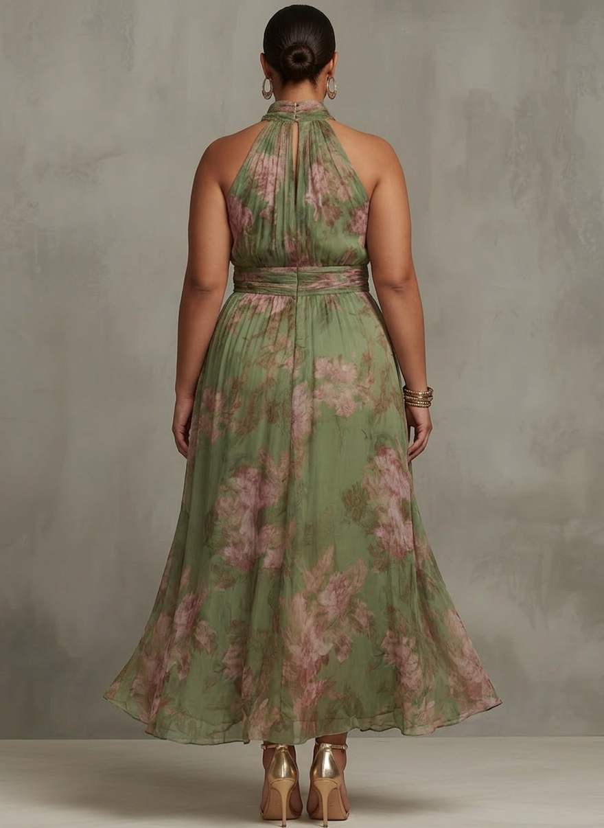 Robe Maxi Chiffon Fleurie Col Halter Vert