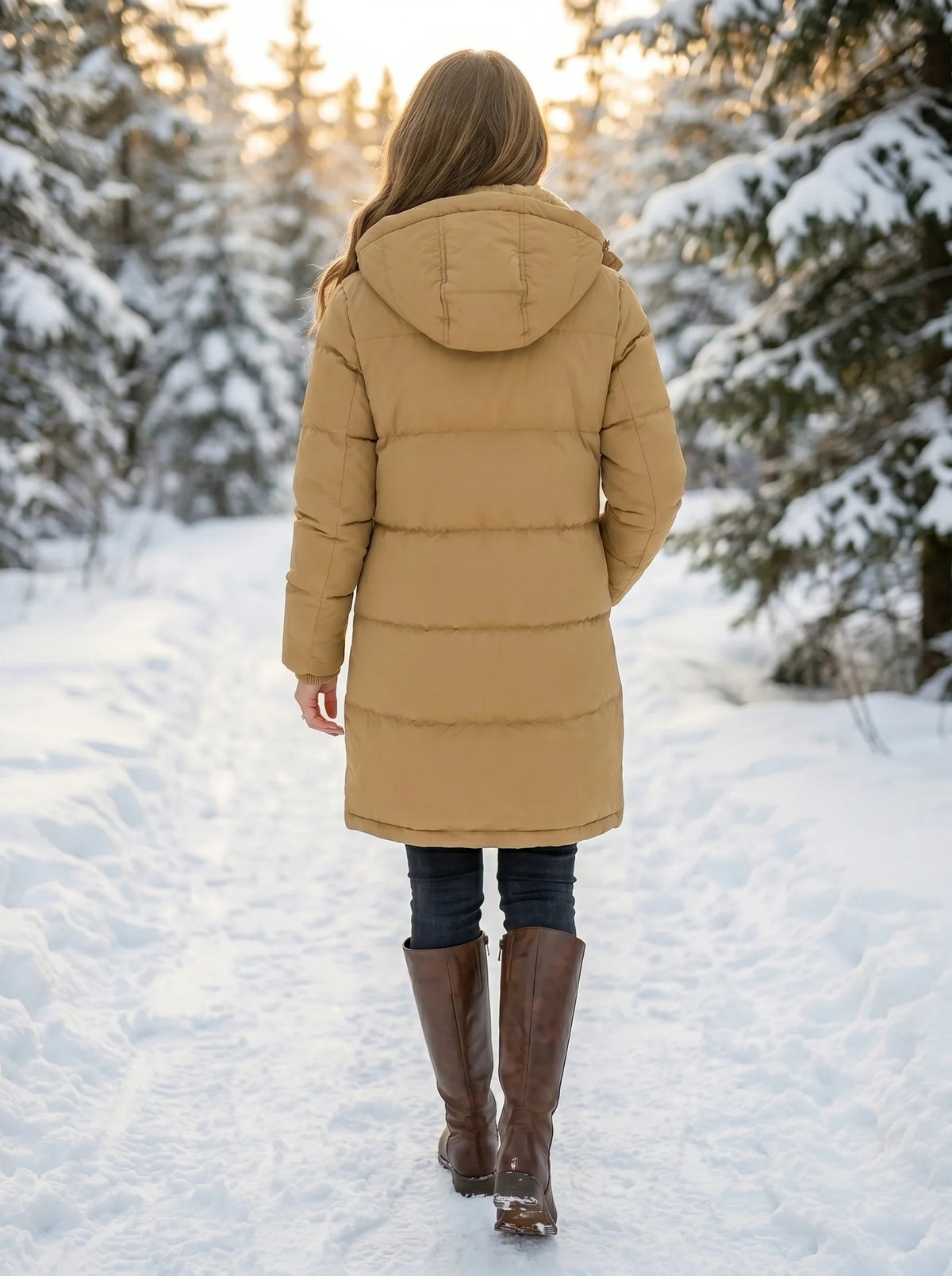 Front view of a model wearing a women's flattering quilted winter puffer jacket in a deep navy color, styled with high waisted jeans against a neutral backdrop.