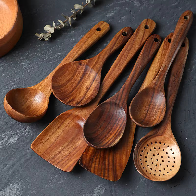 Wooden Kitchen Utensil Set – Teak, Durable, and Chemical-Free for Cooking and Baking