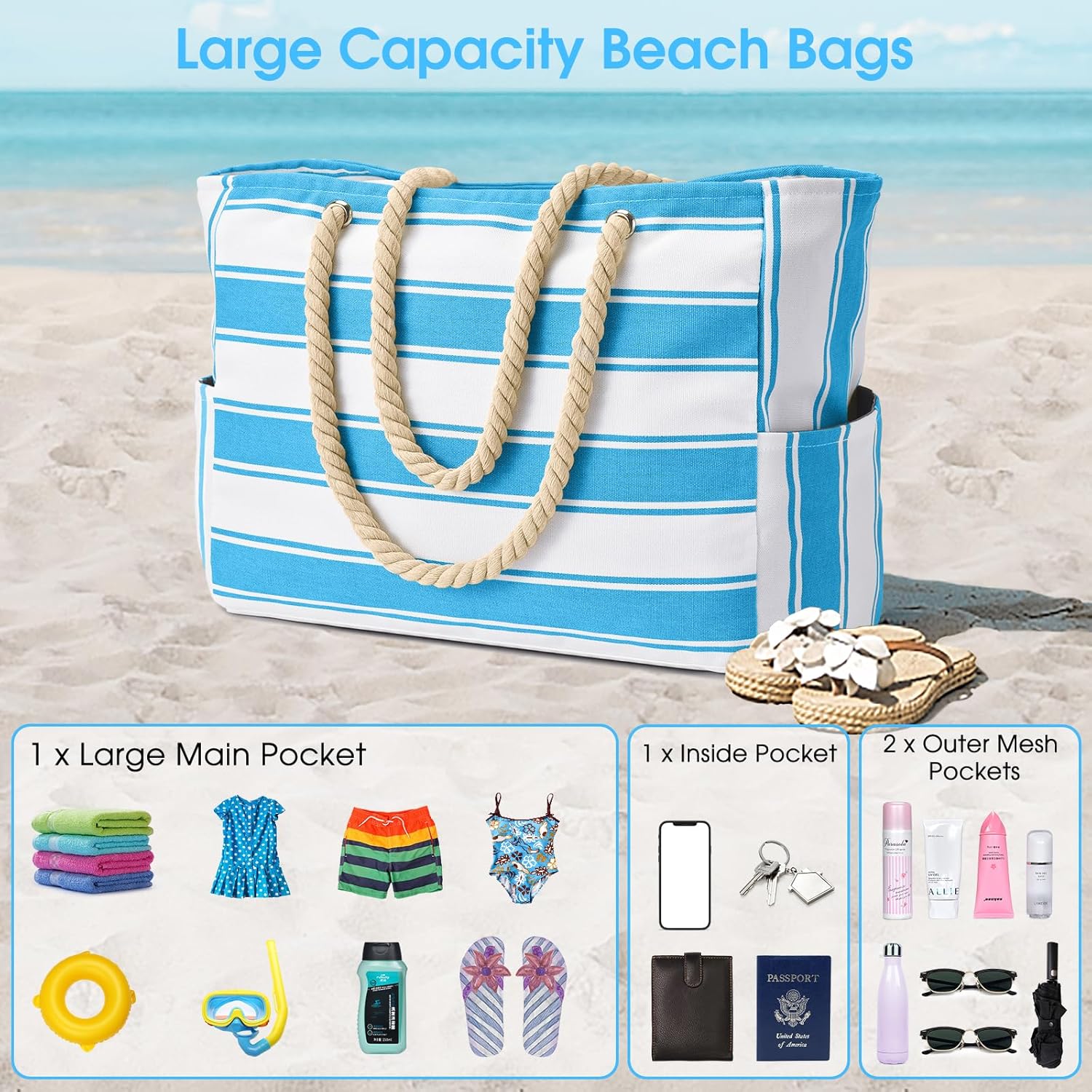Bolso de playa extragrande: impermeable, resistente a la arena y espacioso, ideal para la playa, la piscina o las salidas de fin de semana