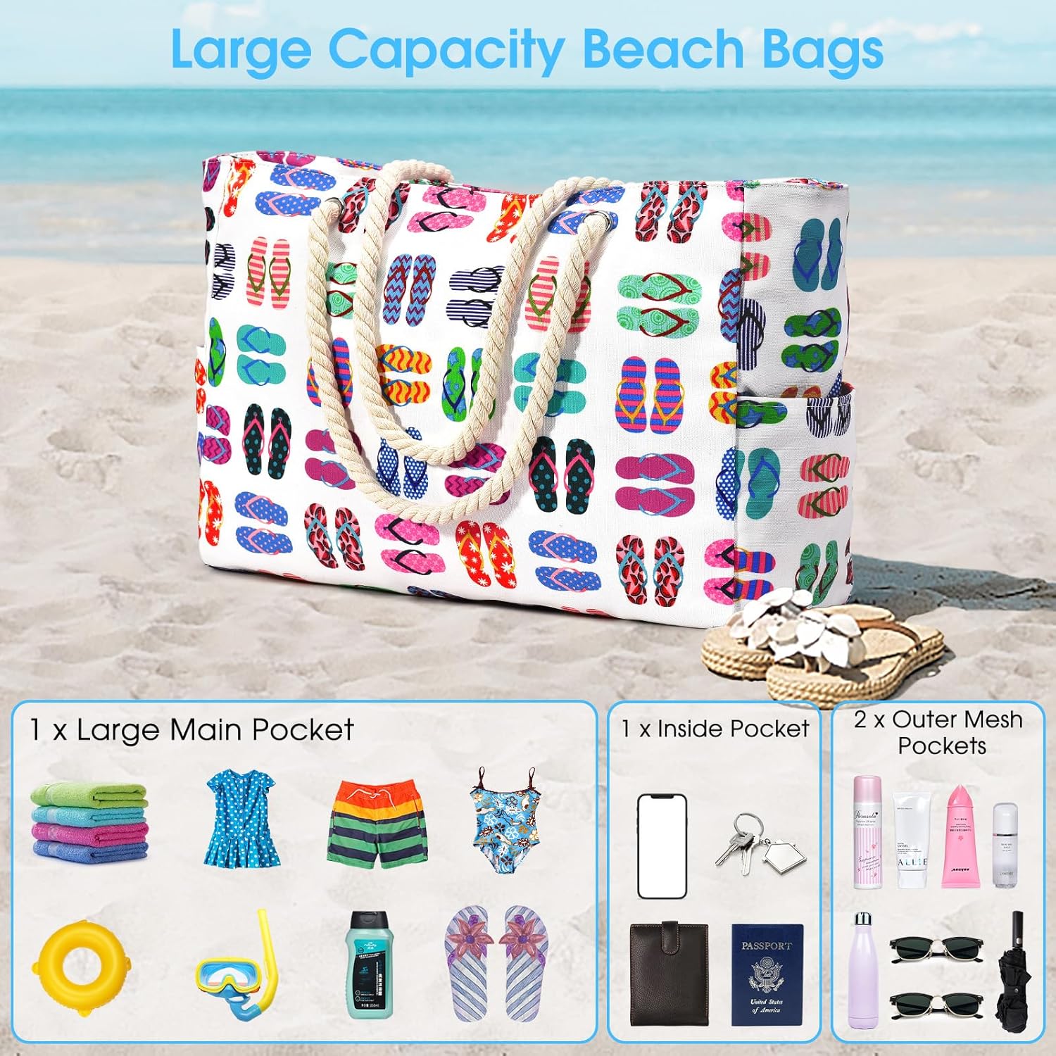 Bolso de playa extragrande: impermeable, resistente a la arena y espacioso, ideal para la playa, la piscina o las salidas de fin de semana