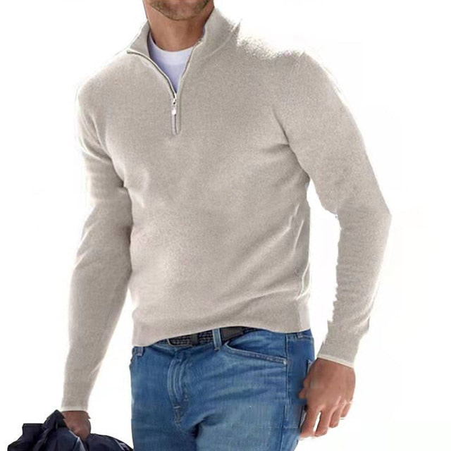 Pull Homme Col Montant Zippé à Finitions Côtelées