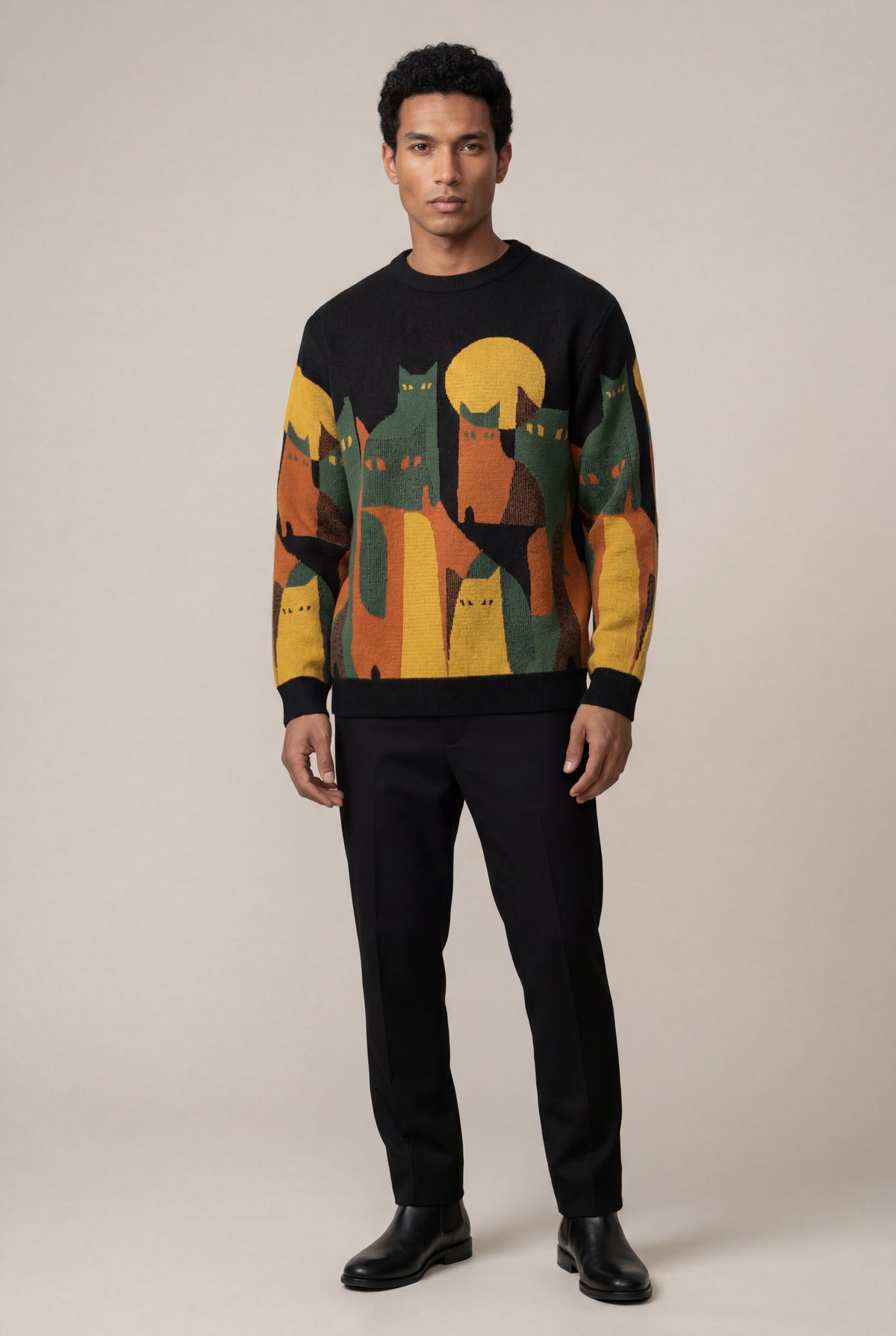 Black Abstract Cat Graphic Crew Neck Long Sleeve Sweater - Photo 5