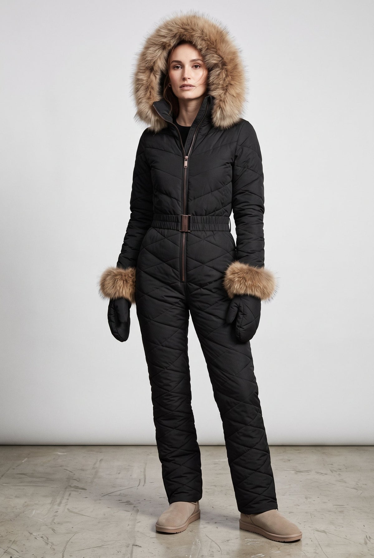 Hooded Snow Suit with Fur Trim in Black — studio front