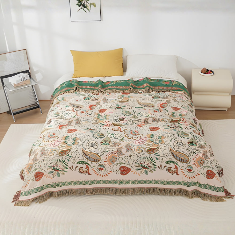 Reversible bohemian throw – Cotton, autumn flower design with pom-poms for the sofa or bed
