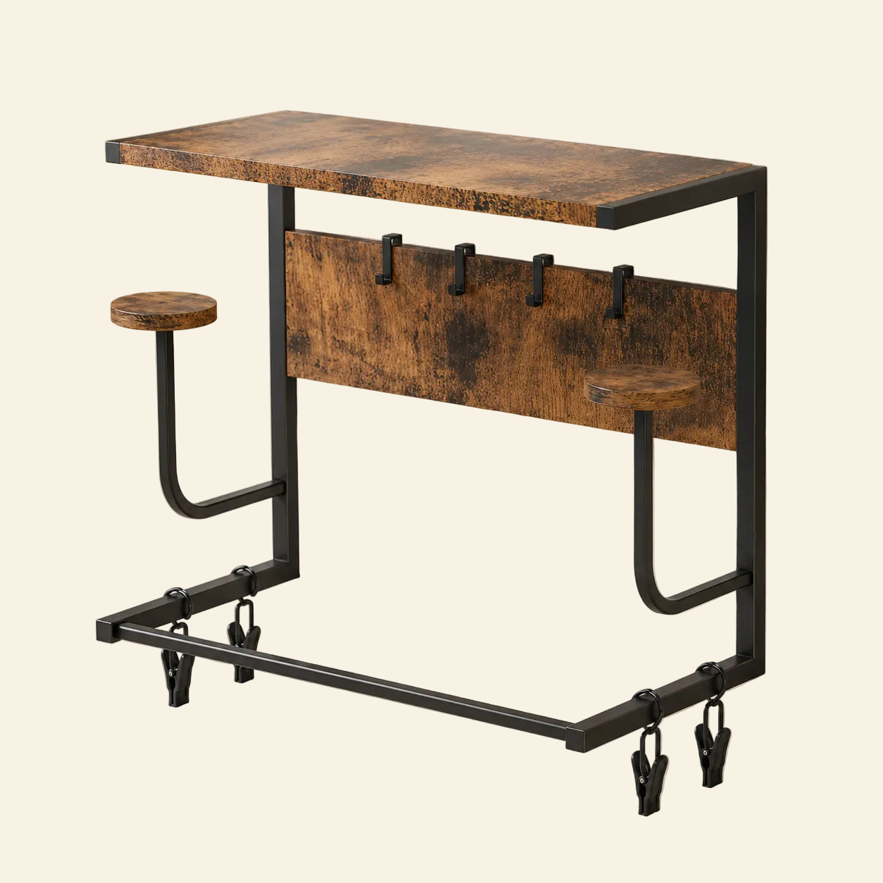 Perchero industrial – Madera maciza de acacia con ganchos metálicos negros para el recibidor o el salón