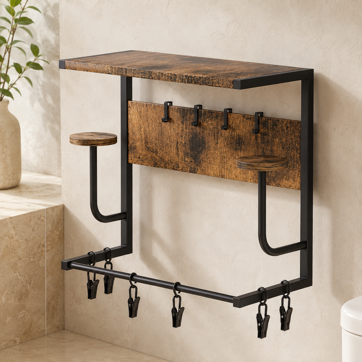 Perchero industrial – Madera maciza de acacia con ganchos metálicos negros para el recibidor o el salón