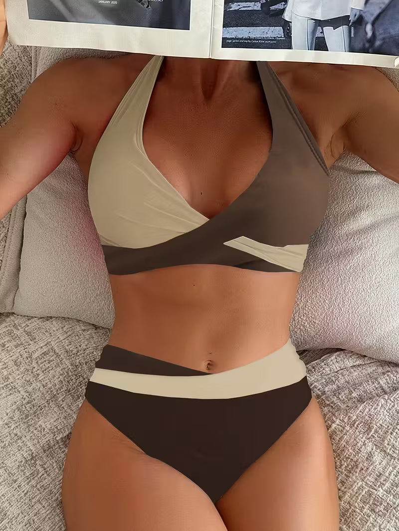Bikini Femme Halter Crossover Taille Haute Deux Pièces