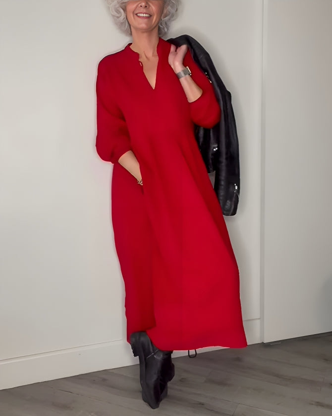 Robe Longue Femme Col V - Manches Longues en Coton