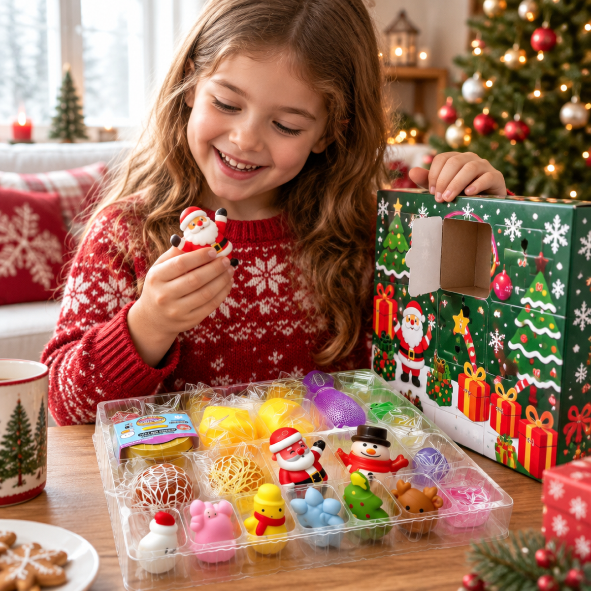 Enfant heureux ouvrant le calendrier de l'Avent de Noël et jouant avec un jouet squishy boulette
