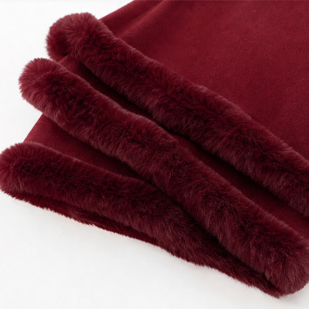 Cape Femme en Maille à Capuche avec Bordure en Fausse Fourrure