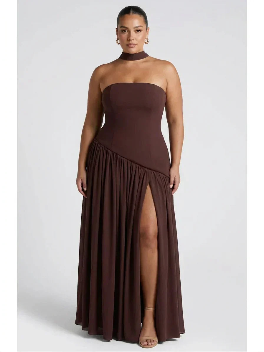 Robe Longue Bustier Noire et Blanche à Fente Asymétrique