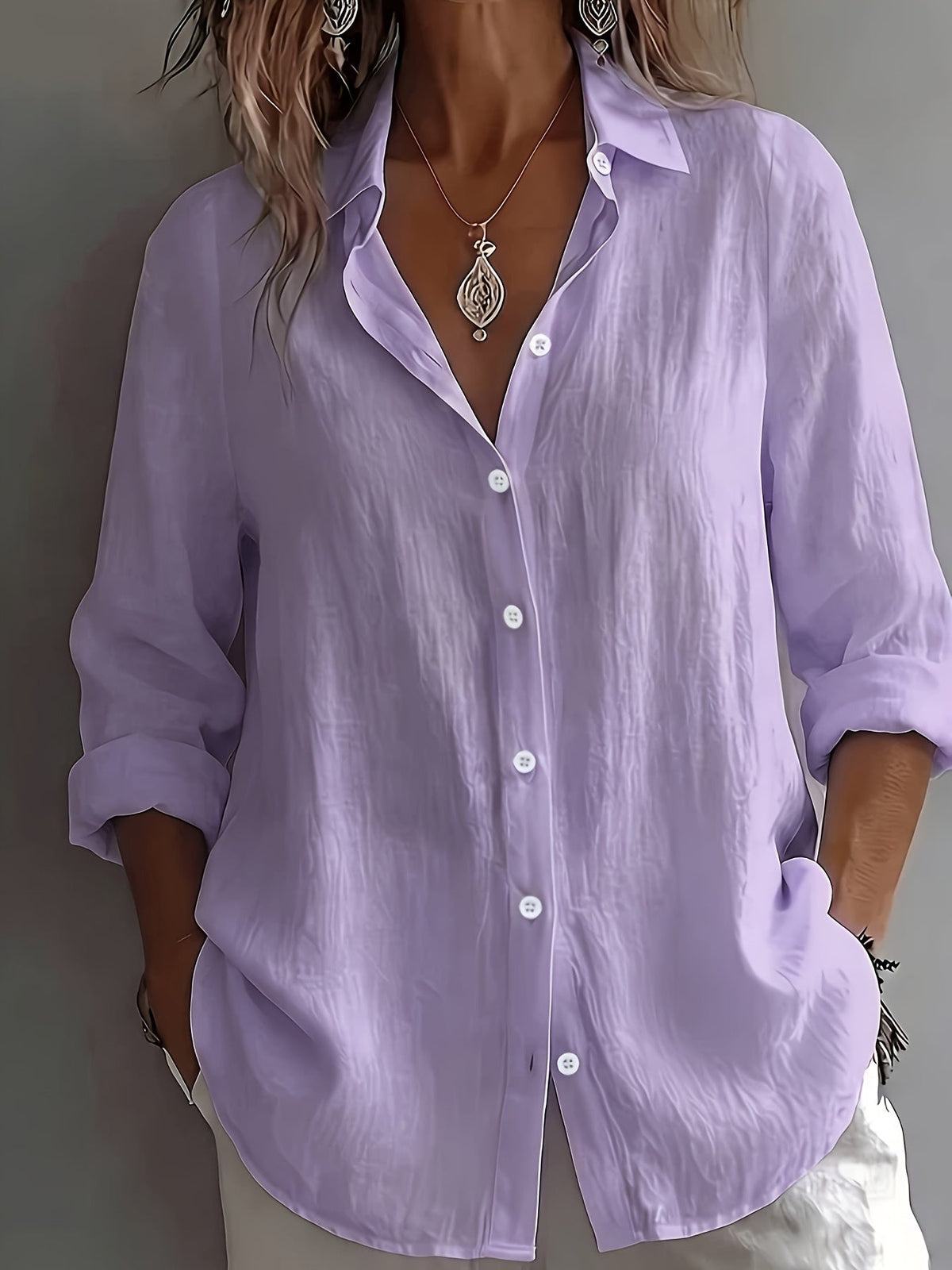 Chemise Femme en Lin à Col Revers et Manches Longues