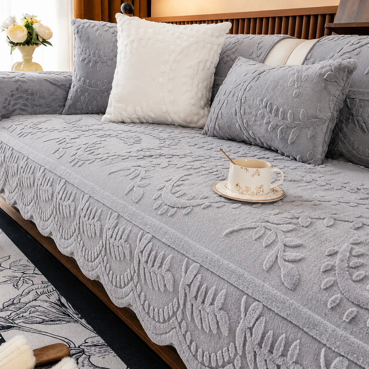 Housse de Canapé en Peluche Antidérapante à Motif Botanique Gaufré