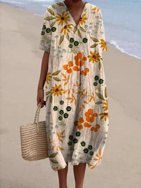 Dames Midi Jurk met V-hals en Korte Mouwen met Bloemenprint Wit Oranje Bloemen