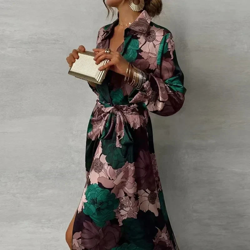 Robe Maxi Femme Fleurie à Col Chemise et Nouée Devant