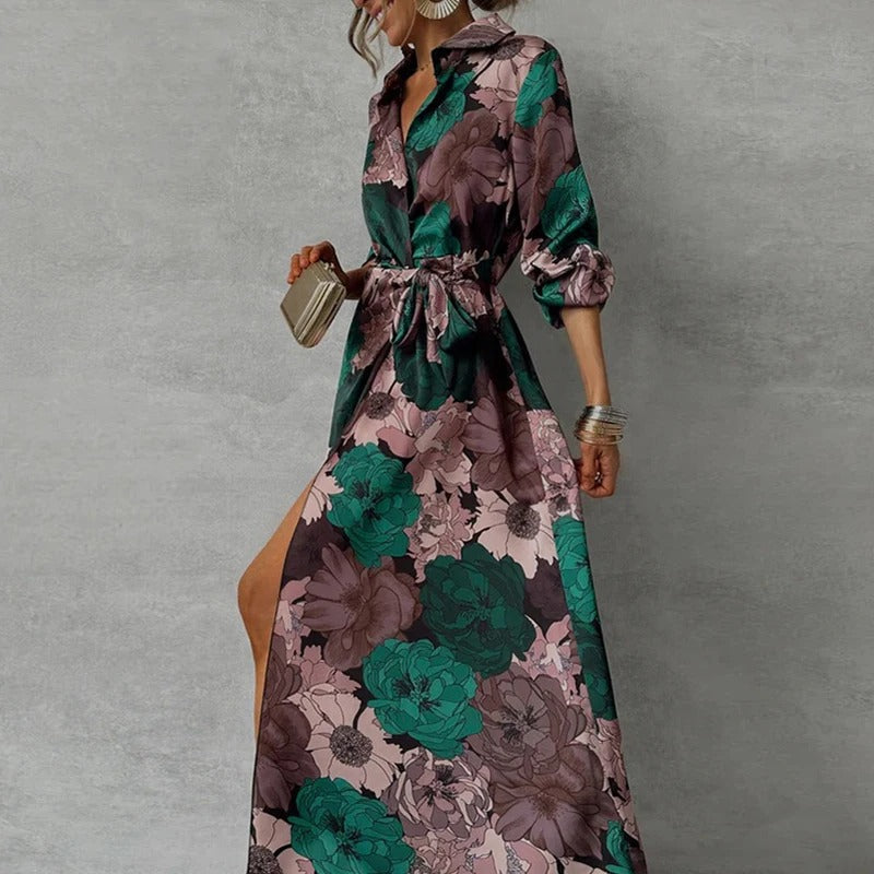 Robe Maxi Femme Fleurie à Col Chemise et Nouée Devant