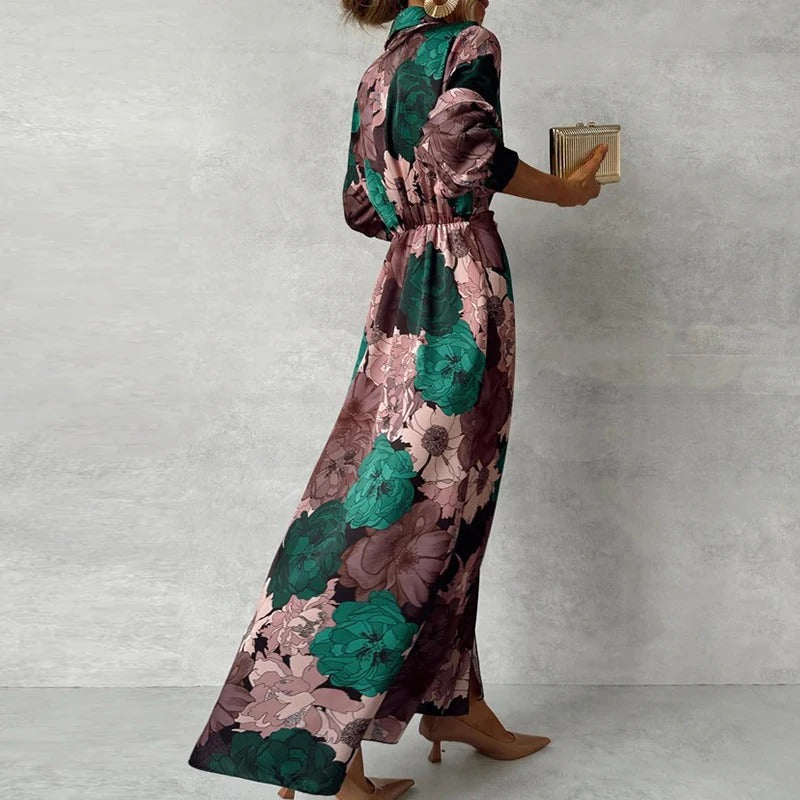 Robe Maxi Femme Fleurie à Col Chemise et Nouée Devant