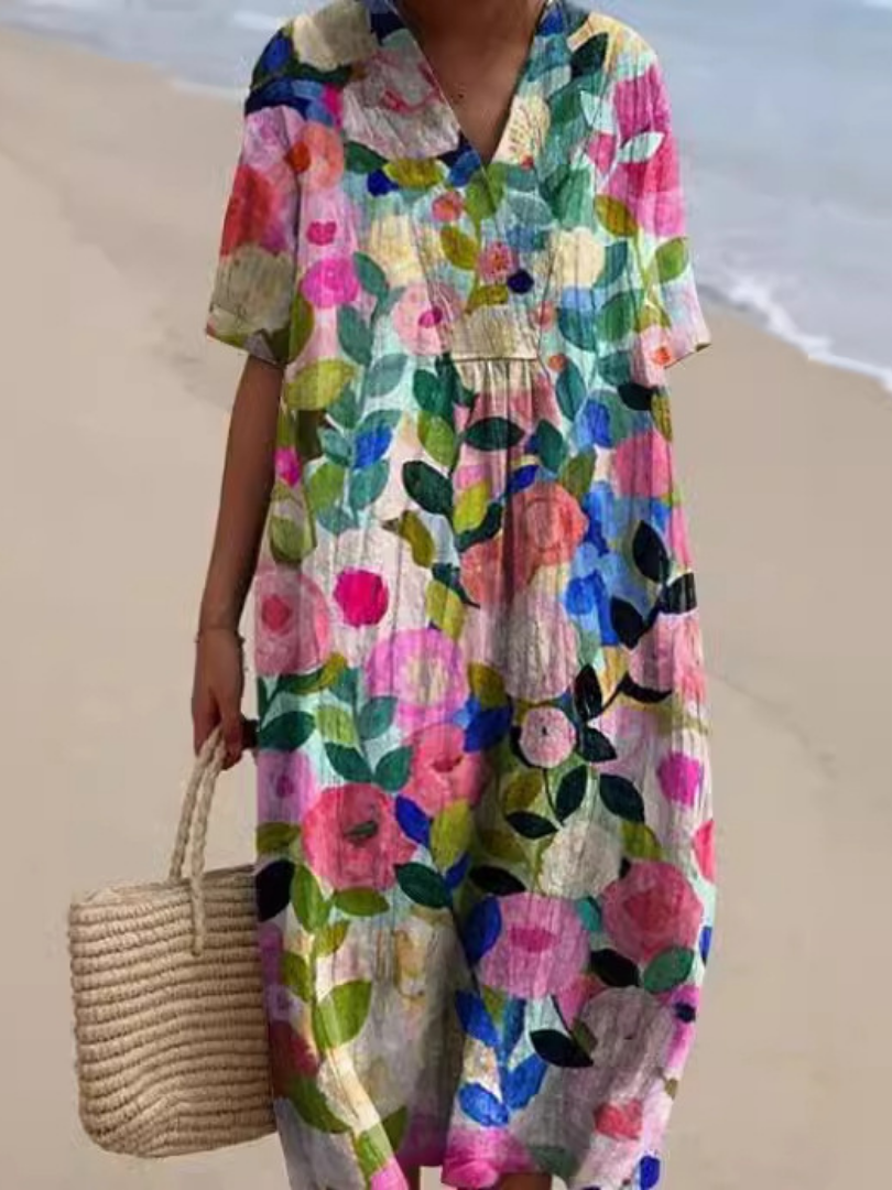Robe Midi Femme Fleurie à Manches Courtes