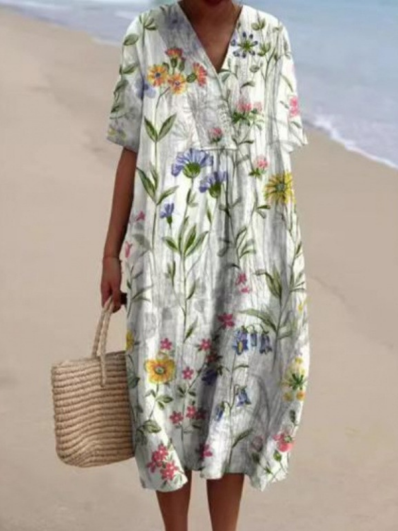 Robe Midi Femme Fleurie à Manches Courtes