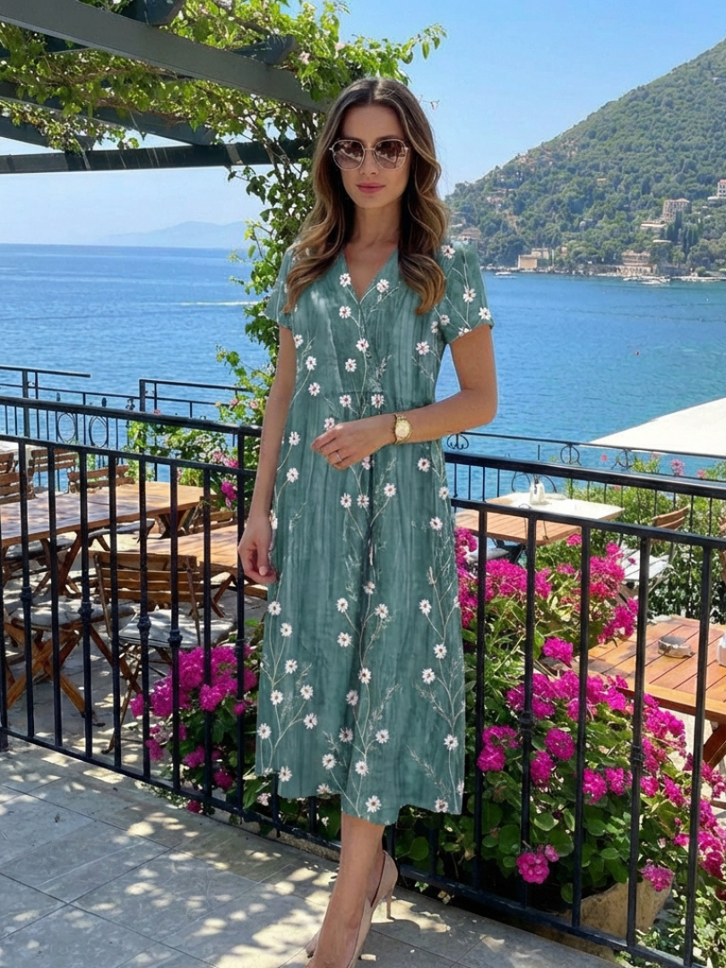 Robe Midi Femme Fleurie à Manches Courtes