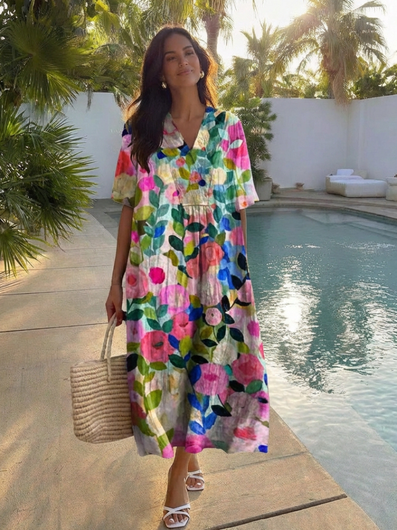 Robe Midi Femme Fleurie à Manches Courtes