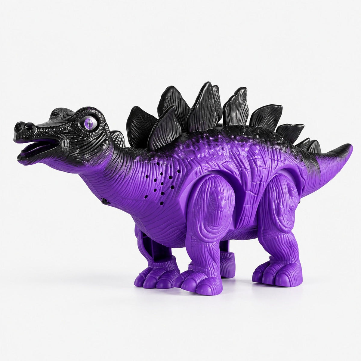 Dinosaure marcheur Stégosaure électronique à plaques dorsales, vue produit sur fond blanc
