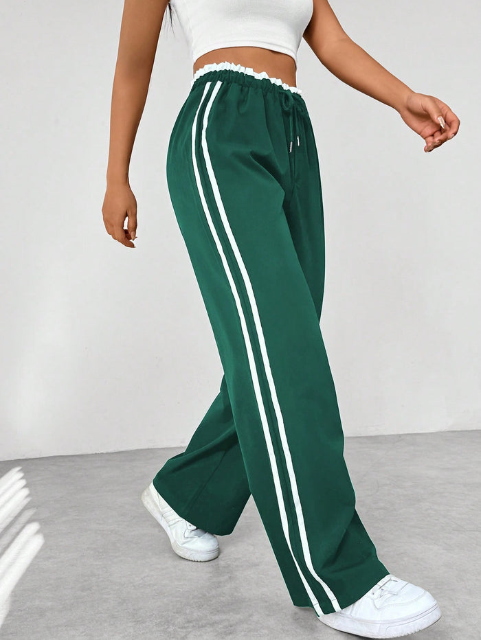 Jogging Femme Taille Haute à Bandes Contrastées - Pantalon de Sport Décontracté