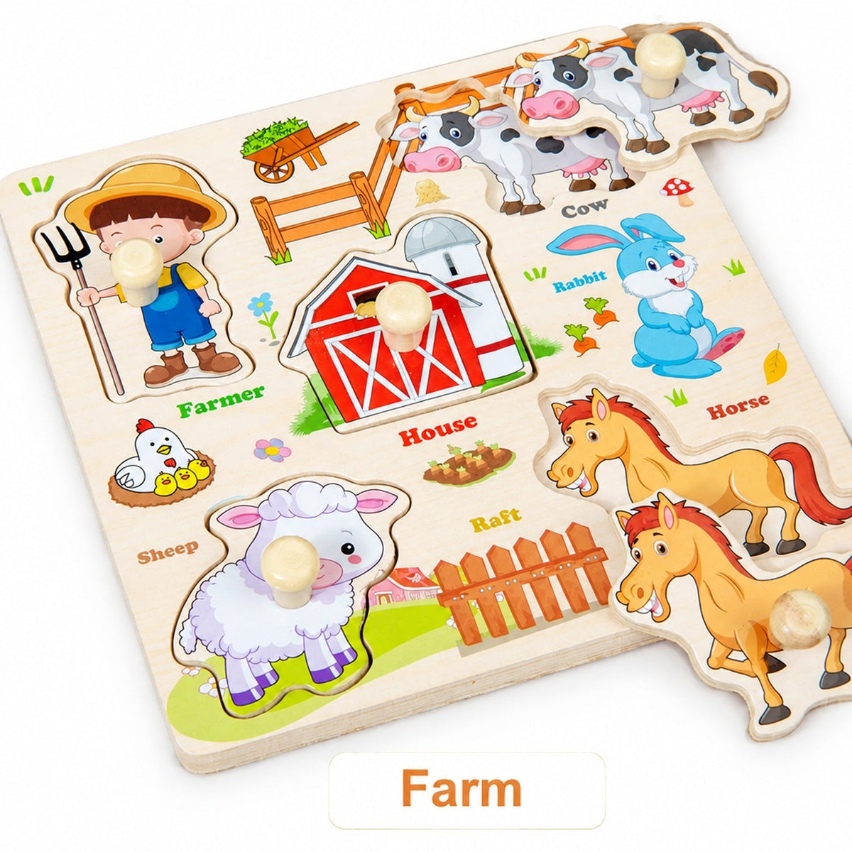 Wooden hand-grip peg puzzle board, Farm theme with cow, horse, sheep, rabbit and farmhouse pieces