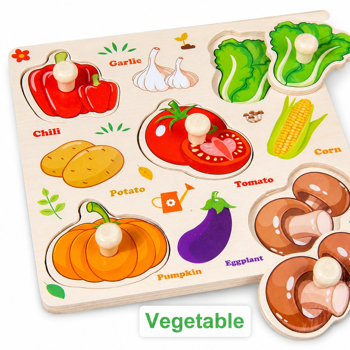 Wooden hand-grip peg puzzle board, Vegetable theme with tomato, corn, pumpkin, eggplant and lettuce pieces