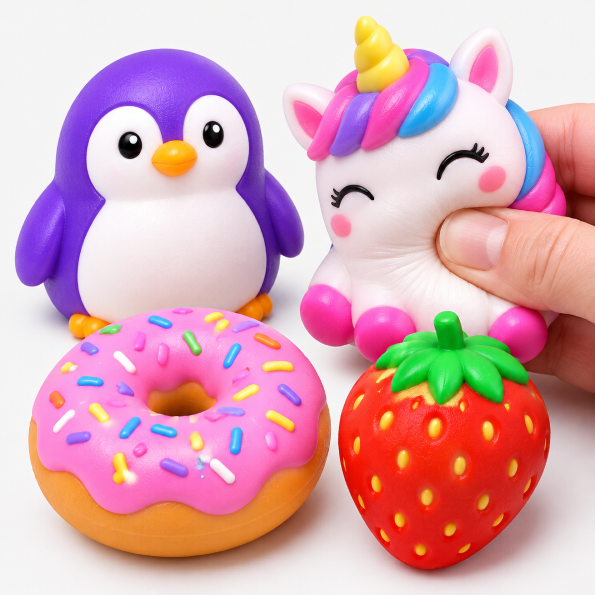 Gros plan sur la texture douce d'un jouet squishy, doigts pressant délicatement une figurine licorne