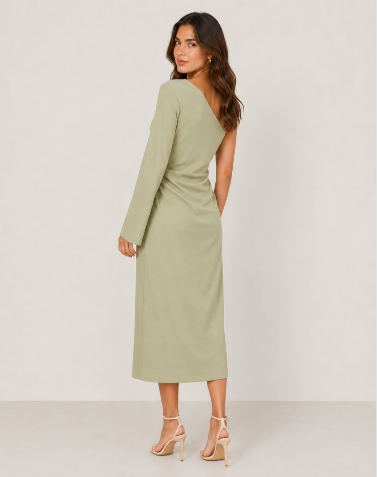 Robe Maxi Asymétrique à Épaule Dégagée et Manches Longues