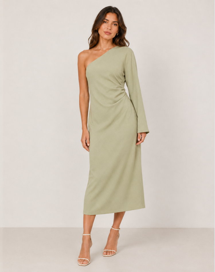 Robe Maxi Asymétrique à Épaule Dégagée et Manches Longues
