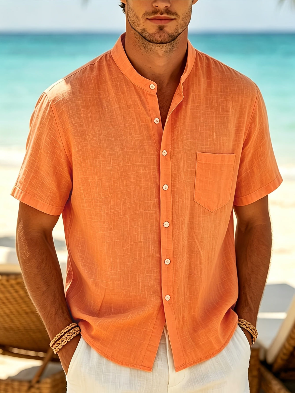Chemise Homme en Lin Col Montant Manches Courtes et Poche Poitrine