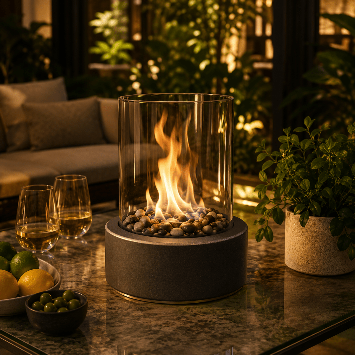 Tabletop Fireplace – Black metal with clear glass, modern and minimalist, for the living room or patio